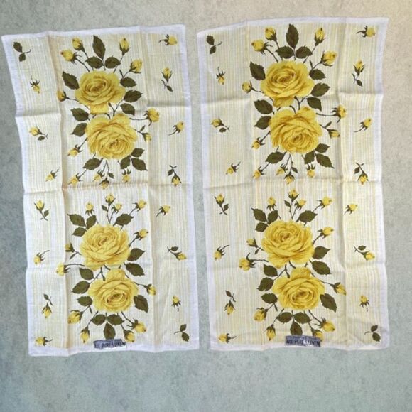 Vintage Parisian Print ALL PURE LINEN Yellow Roses Dish Towel 2 COUNT NEW NOS - Picture 3 of 9